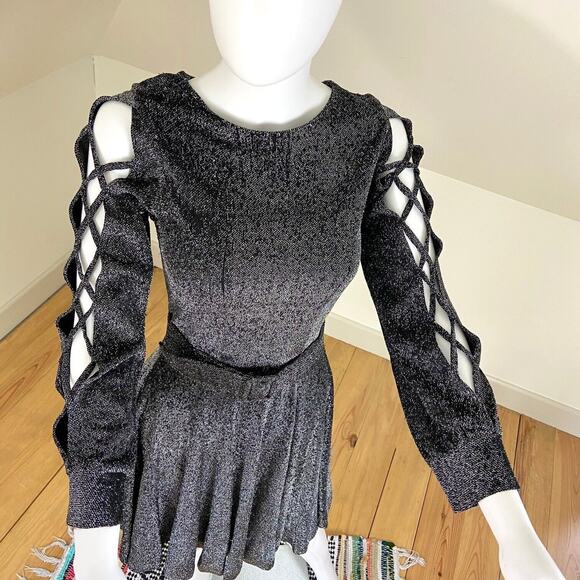 Vintage 60s 70s Metallic Lurex Skater Mini Dress Disco Cutout Sleeves XSmall XS - Picture 3 of 11